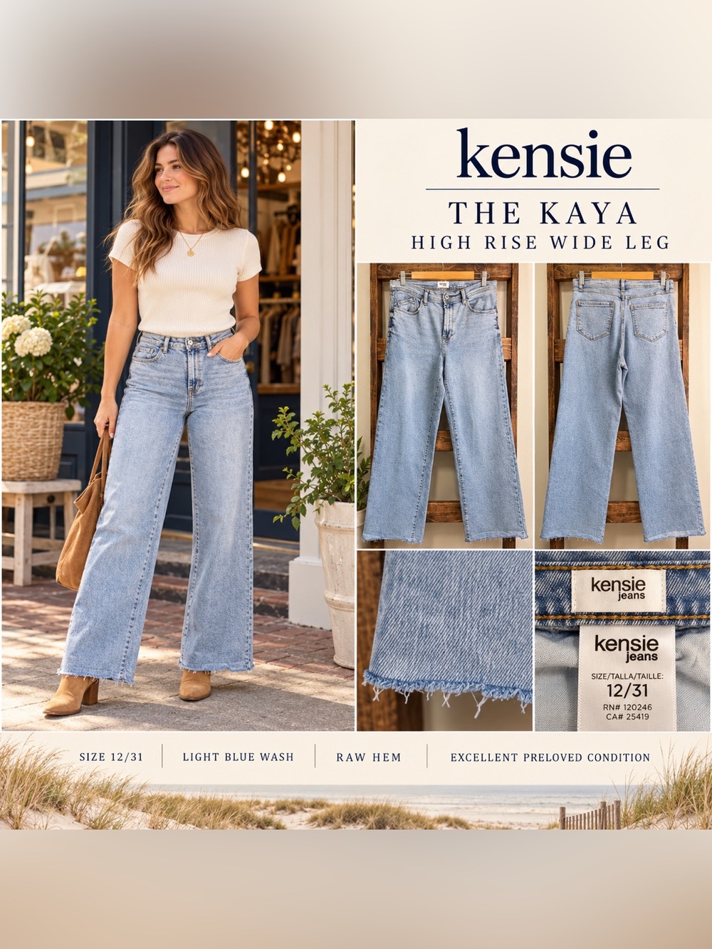 Kensie The Kaya High Rise Wide Leg Raw Hem Jeans Size 12/31